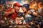 Voter fraud in the 2020 election. Ai-generated image of a man from maga and a woman on the left getting ready to fight with the american flag and capitol in the background.