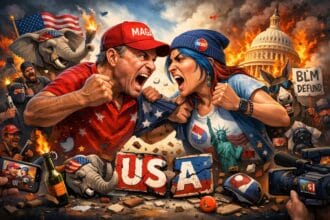 Voter fraud in the 2020 election. Ai-generated image of a man from maga and a woman on the left getting ready to fight with the american flag and capitol in the background.