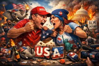 Voter fraud in the 2020 election. Ai-generated image of a man from maga and a woman on the left getting ready to fight with the american flag and capitol in the background.