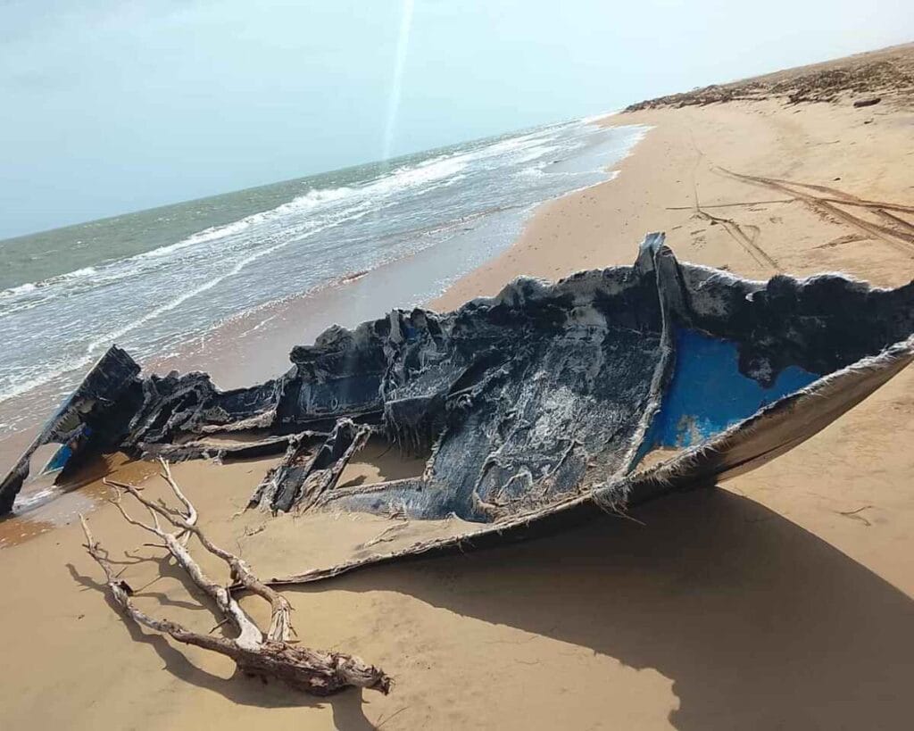 The remains of a boat allegedly struck in the US military boat strikes in the Alta Guajira region of Colombia.