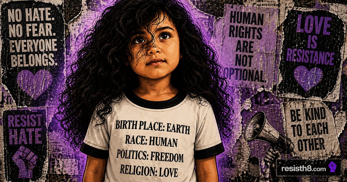 resist hate mascot image Little girl with dark, curly hair wearing a progressive, resist hate-themed t-shirt. Hate speech is not free speech