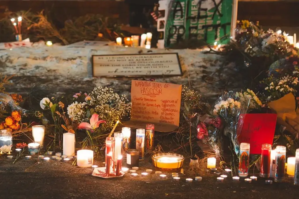 Memorial for alex pretti after he was shot and killed by federal agents.