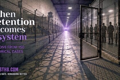 Graphic for study comparing ice detention to concentration camp systems. A detention center fades into the ghostly memory of the past.