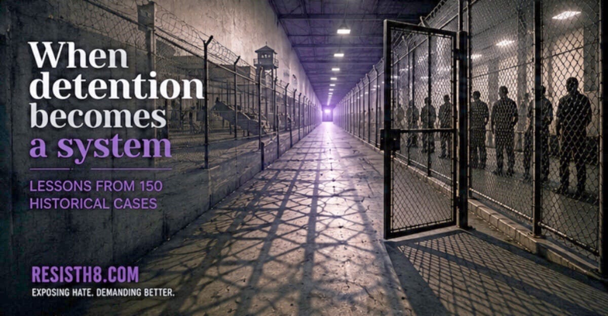 Graphic for study comparing ice detention to concentration camp systems. A detention center fades into the ghostly memory of the past. 51 died in ice custody