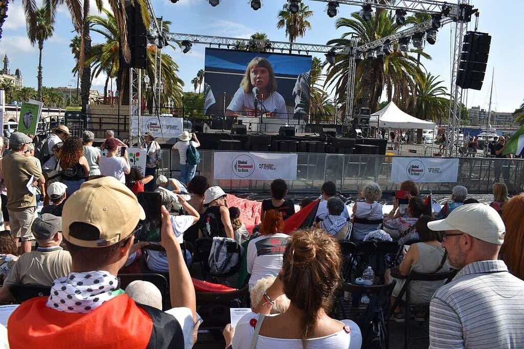 Greta thunberg addressing supporters ahead of the departure of the global sumud flotilla