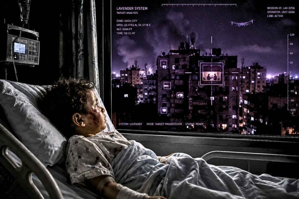 Palestinian boy in a hospital room sees a window on a building being targeted for a drone strike by the idf using lavender ai program