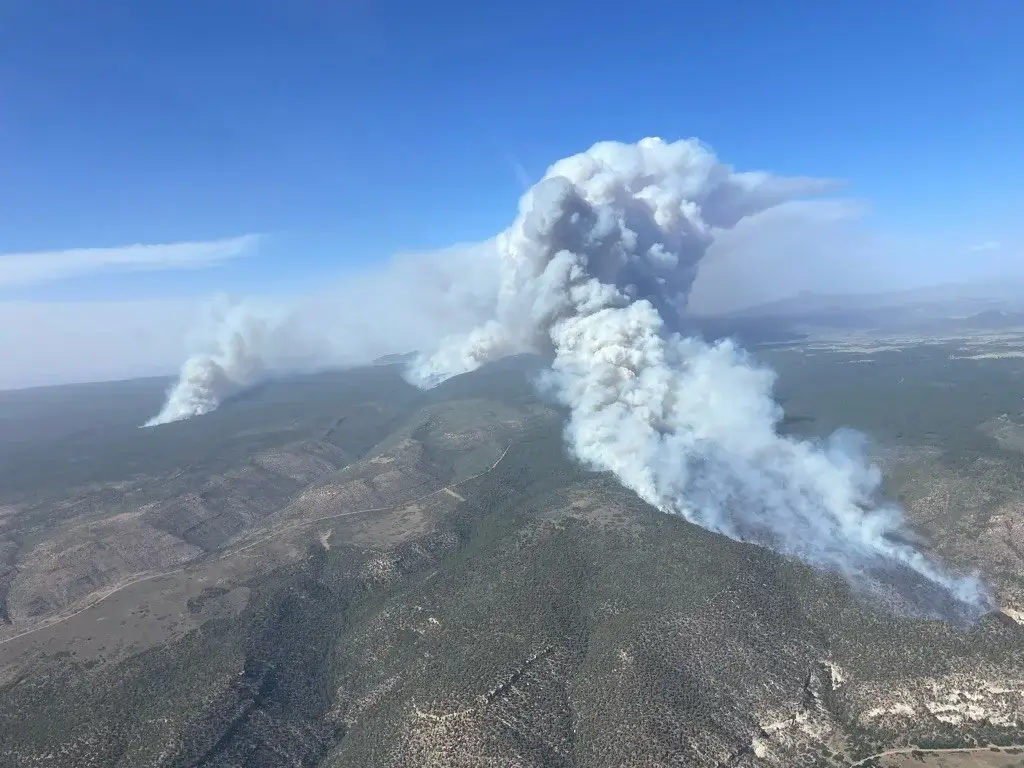 Extreme heat dome wildfire in colorado, aerial view of rising smoke