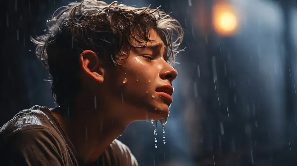 graphixmade boy cry rain Ai-generated image of a young boy crying in the rain