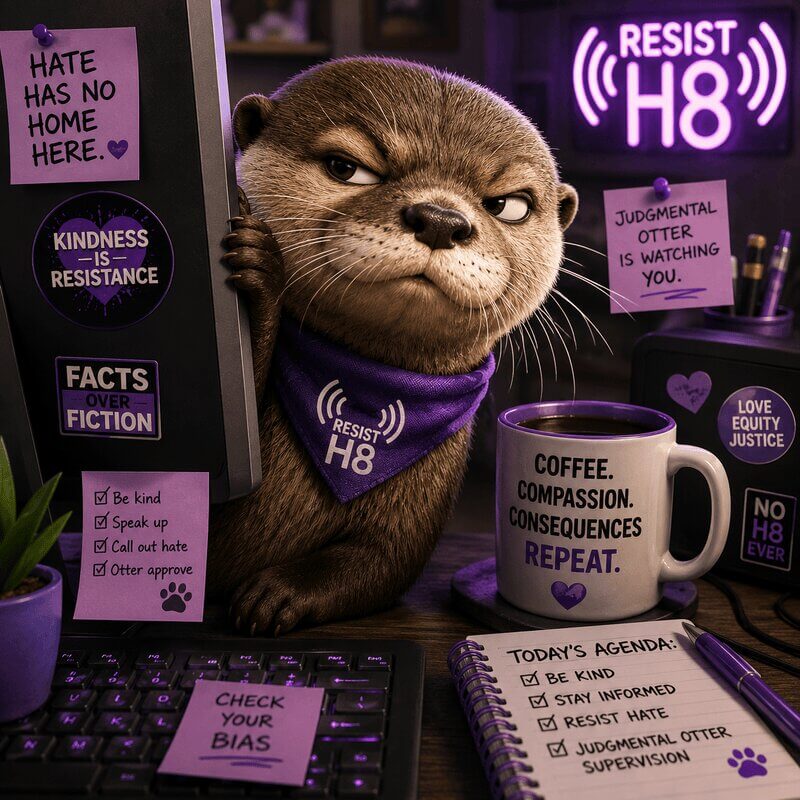 otter mascot office Resist hate mascot presents the community guidelines.
