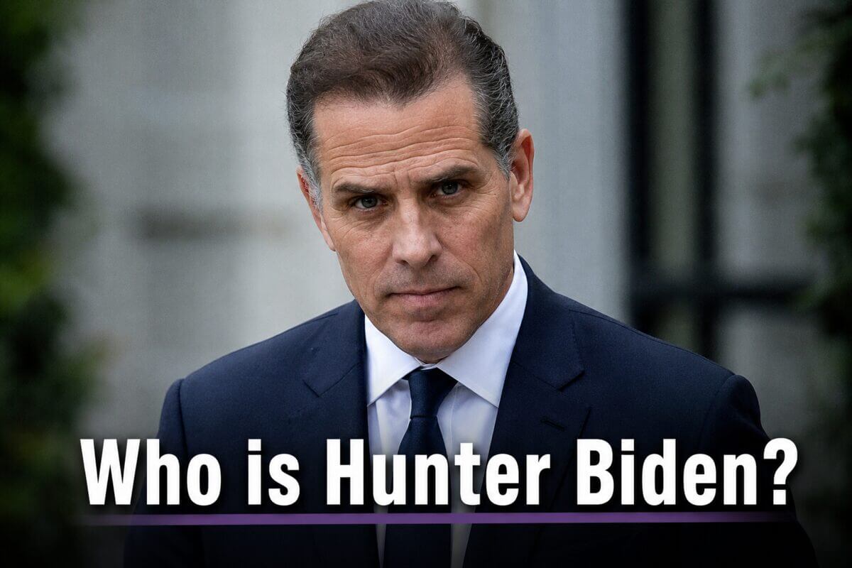 Who is hunter biden? Text over an ai-generated photo of him.