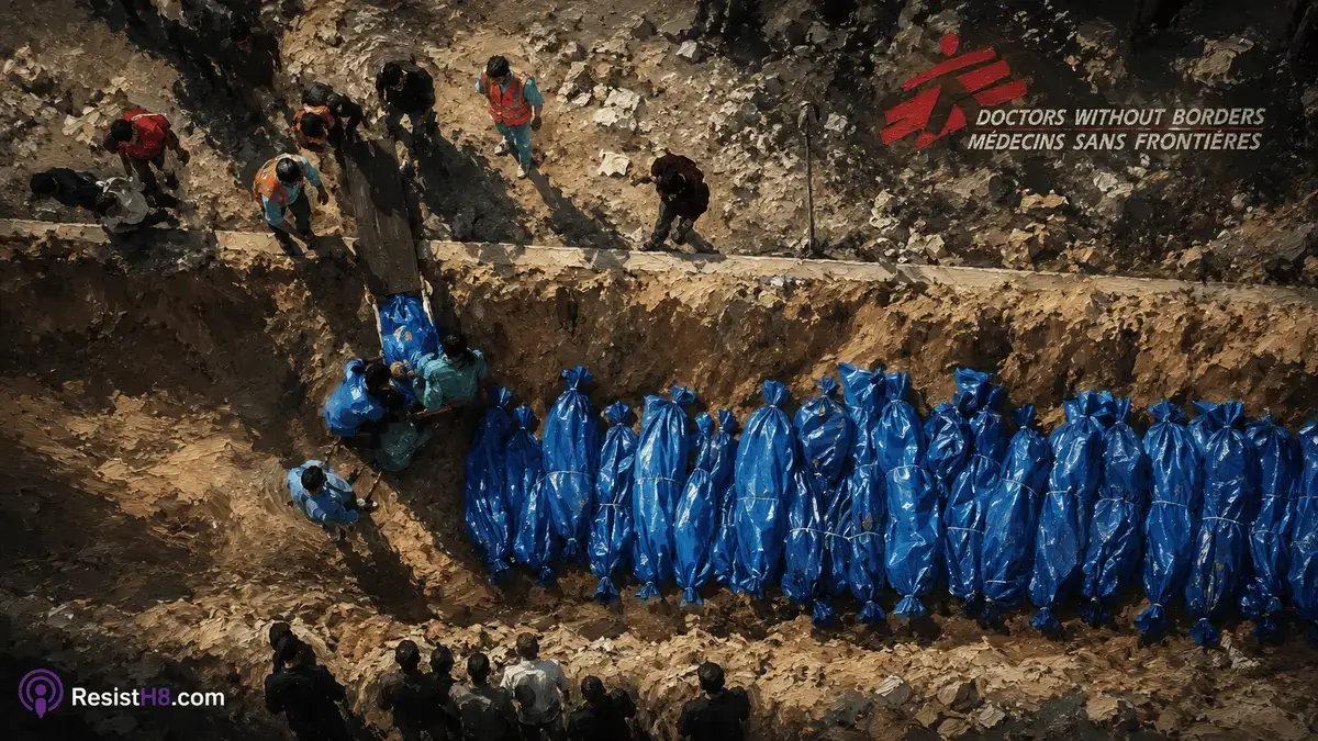 Painting of an al jazeera video screenshot showing 100 dead palestinians being buried in a mass grave in khan younis.