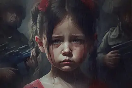 Scared girl with soldiers standing behind her