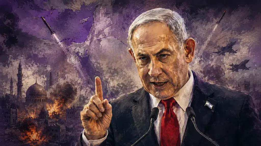 Artwork of benjamin netanyahu as he commits israel to permanent war.