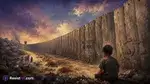 Artwork of a palestinian child sitting by the barrier between the west bank and israel