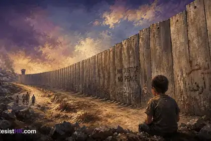 Artwork of a palestinian child sitting by the barrier between the west bank and israel
