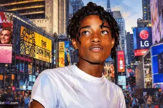 Jordan Neely portrait with New York City in the background.