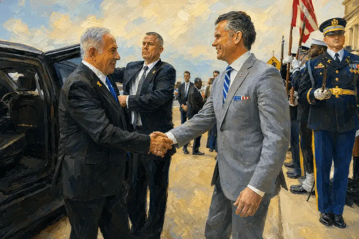 Ndaa secretary of defense pete hegseth hosts a bilateral exchange with israeli prime minister benjamin netanyahu at the pentagon, washington, d. C.