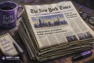 Trump admin is going after new york times journalists for engaging in their free speech rights. Stack of new york times newspapers next to a mug that says facts matter.