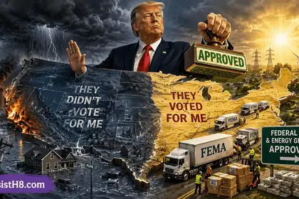 Trump is denying disaster aid relief to states that didn’t vote for him. The image shows him determining whether a state is worthy of aid.
