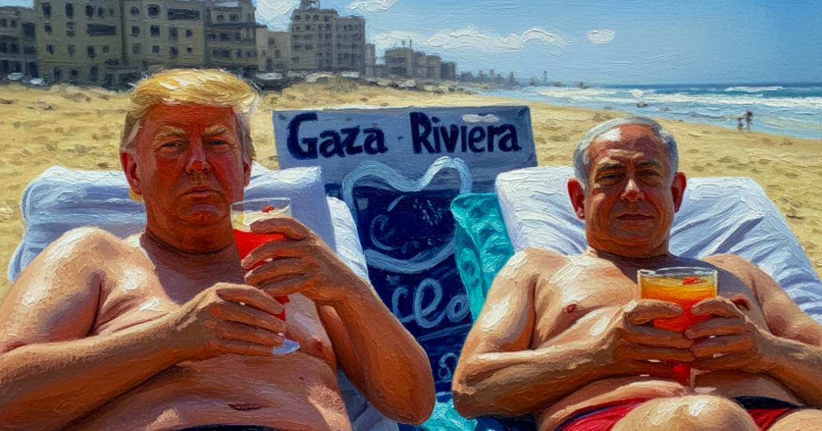 Image from the trump gaza video of trump and netanyahu lounging on the beach. The diplomatic tsunami doesn't include the u. S.