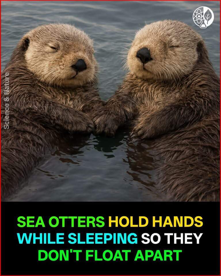 Sleeping otters hold hands