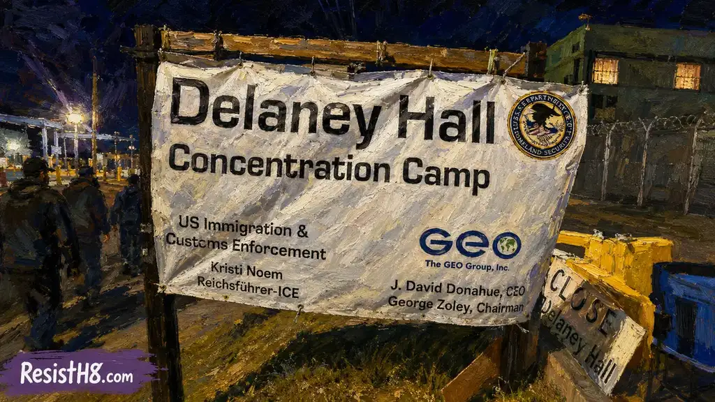 Banner in front of delaney hall. Delaney hall detainee death