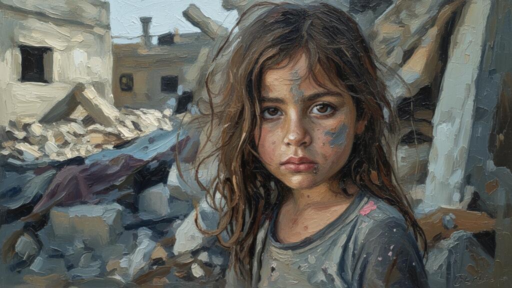 gaza peace hamas Little girl standing amid rubble of a bombed city.