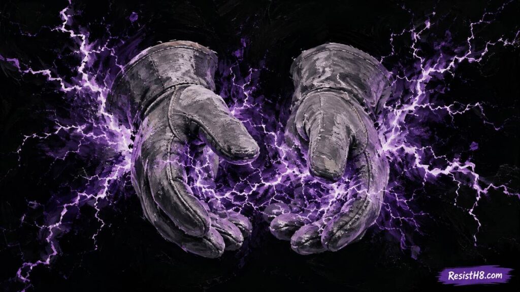 Ice electric shock gloves with purple lightning emitting from them.