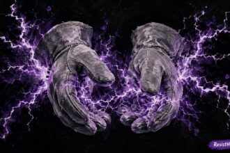 Ice electric shock gloves with purple lightning emitting from them.