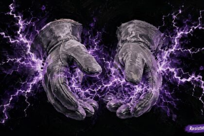 Ice electric shock gloves with purple lightning emitting from them.