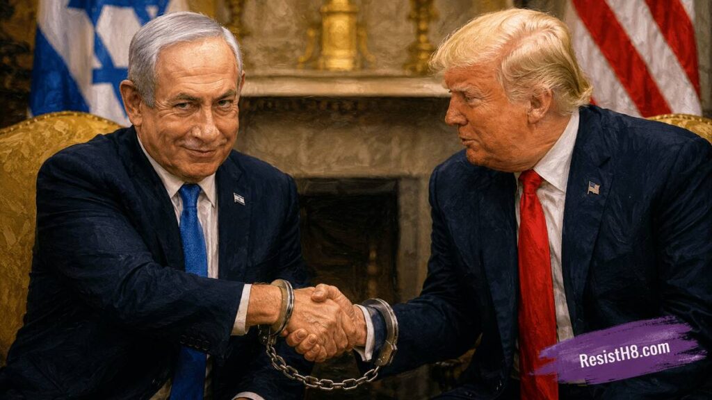 Benjamin netanyahu shaking hands with trump, they are chained together and netanyahu gives an evil smirk