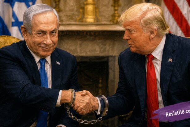 Benjamin Netanyahu shaking hands with Trump, they are chained together and Netanyahu gives an evil smirk