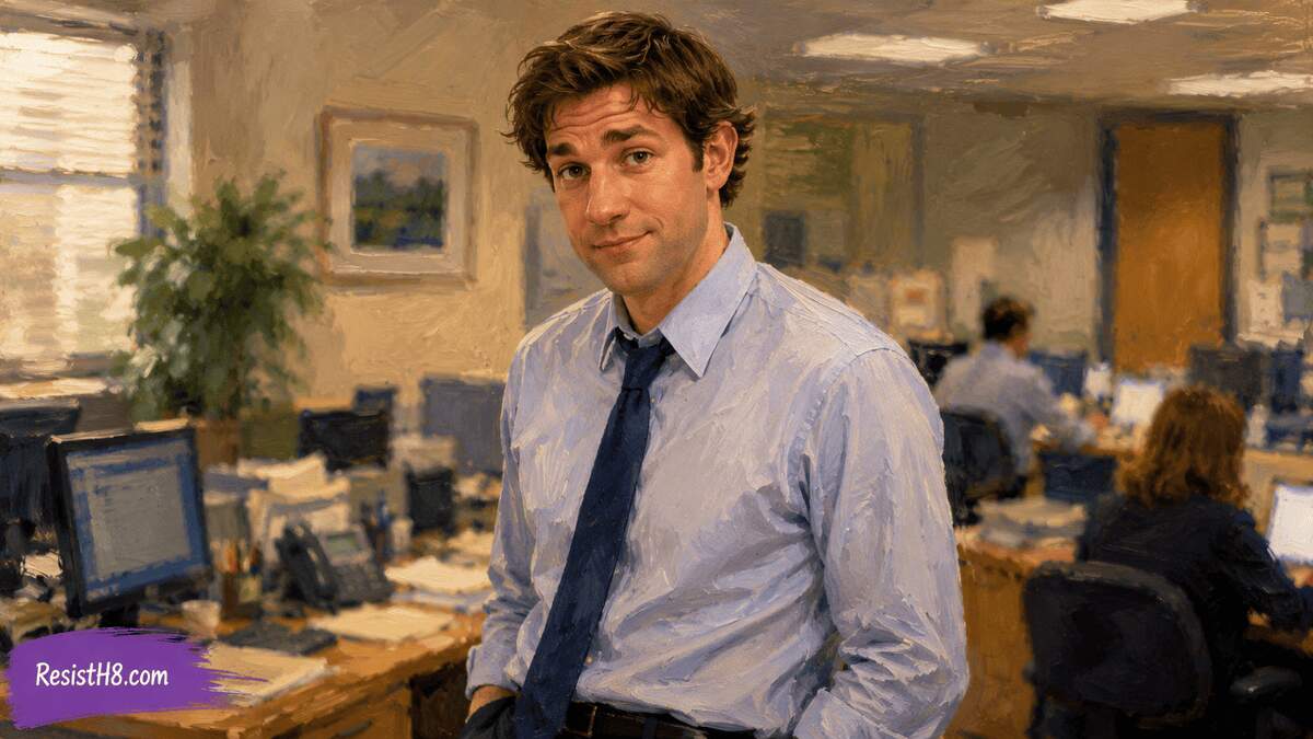 Jim halpert from the office tells the food truck one story in an ai-generated video