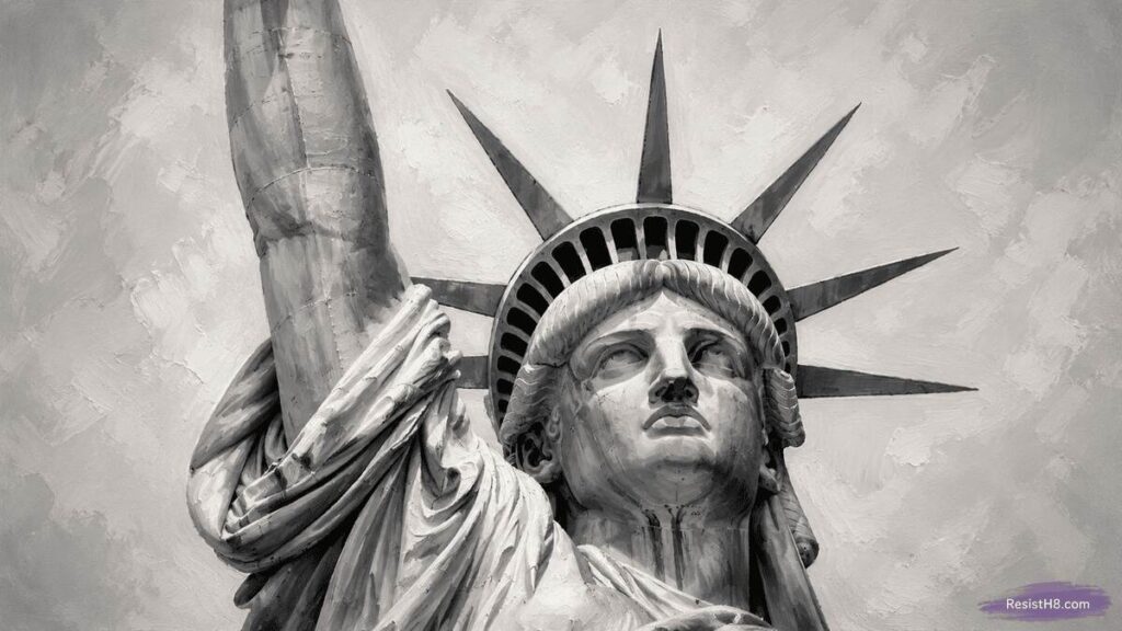 Immigration policy in the united states. Head of the statue of liberty in grayscale.