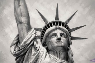 Immigration policy in the united states. Head of the statue of liberty in grayscale.