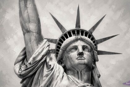 Immigration policy in the united states. Head of the statue of liberty in grayscale.