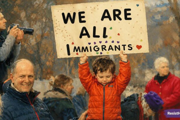 Mega master hearings deport many immigrants at once. A little boy holding a we are all immigrants sign.