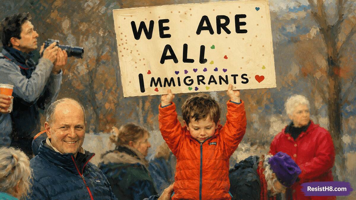 mega immigration hearings Mega master hearings deport many immigrants at once. A little boy holding a we are all immigrants sign.