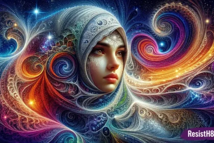 Sharia law myth, beautiful woman wearing a multi-color magical hijab
