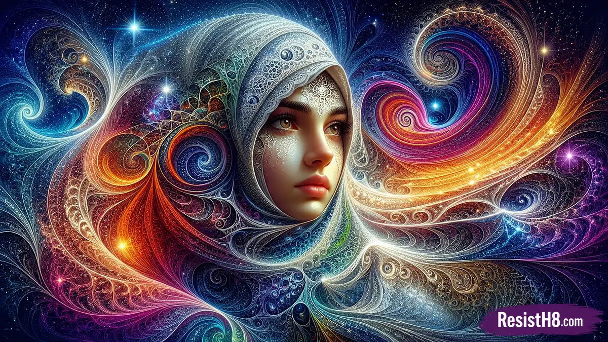 Sharia law myth, beautiful woman wearing a multi-color magical hijab