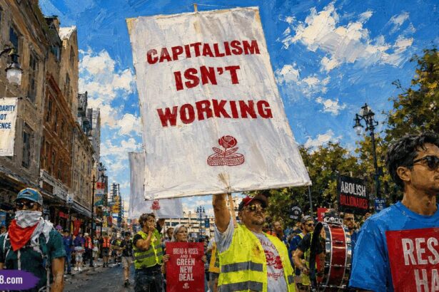 Protest with a giant sign that says capitalism is not working and other democratic socialist signs. Democrats hired a l socialist hunter to fight dsa