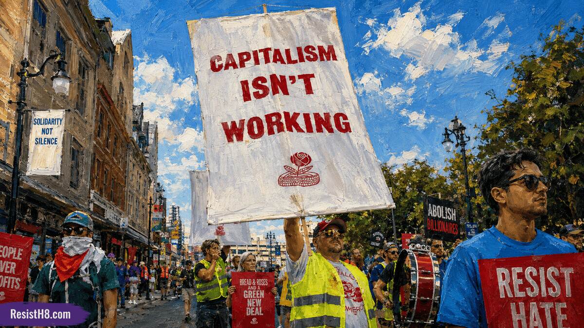 Protest with a giant sign that says capitalism is not working and other democratic socialist signs. Democrats hired a l socialist hunter to fight dsa