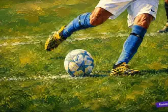 Soccer players on a soccer field kicking the ball