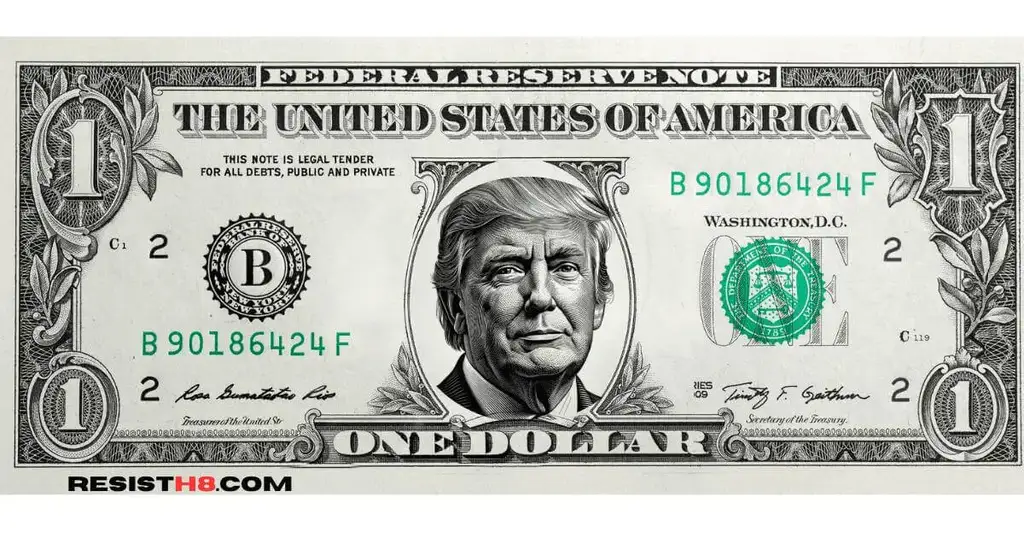 Donald trump’s face on a us$1 bill. Trump calls his fundraiser every night