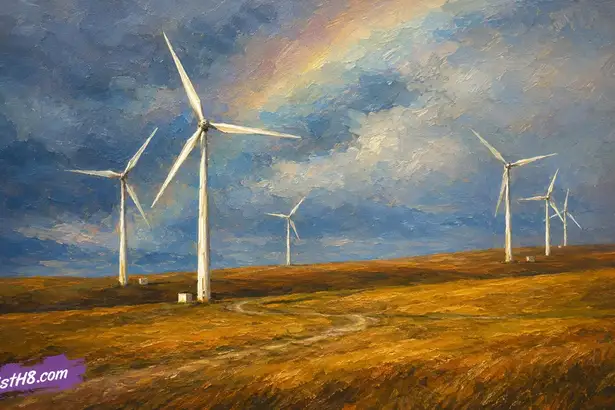 Windmills in a field with dark clouds and a rainbow in the sky. Loser countries have windmills