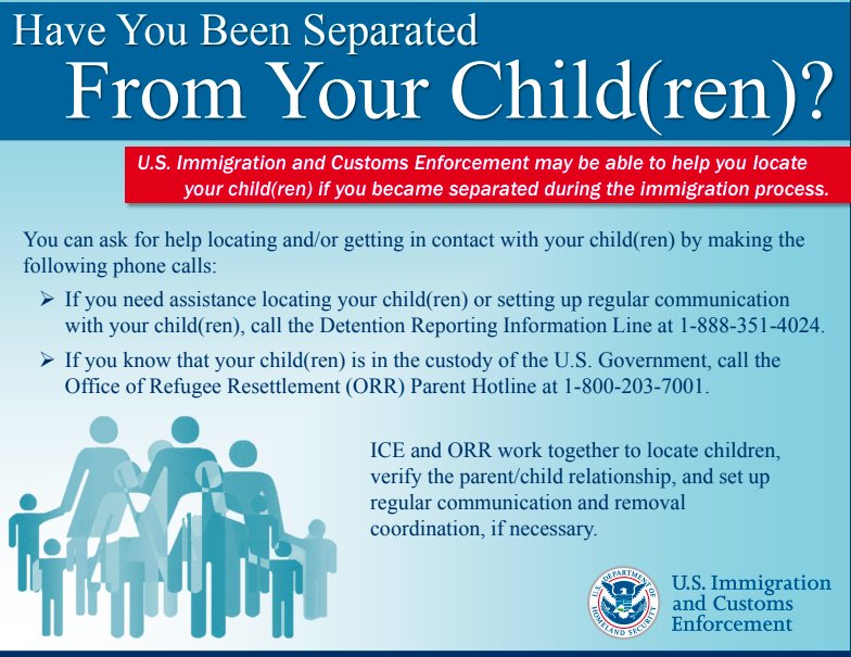 have you been separated flyer Dhs flyer offering to help parents separated from their children.