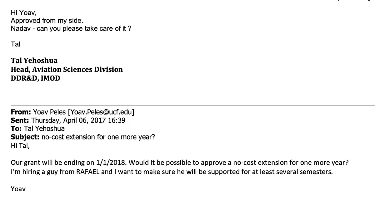 email section 219 A 2017 email from tal yehoshua of the israeli ministry of defense to yoav peles at the university of central florida approving a request for research support. Iron beam
