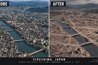 Aftermath when a president launches nuclear weapons. Before and after photos of hiroshima