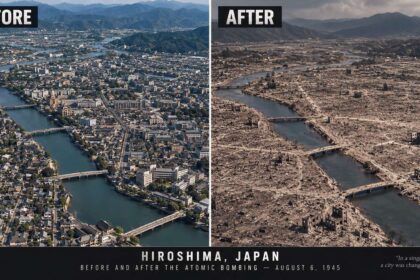 Aftermath when a president launches nuclear weapons. Before and after photos of hiroshima