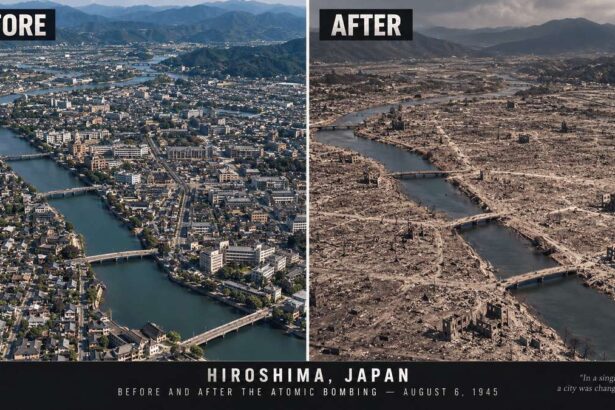 Aftermath when a president launches nuclear weapons. Before and after photos of hiroshima
